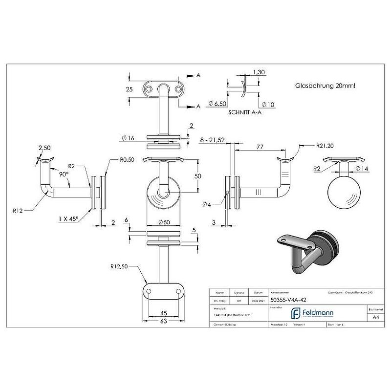 Handrail holder for glass, handrail connection plate 42.4 mm, AISI316