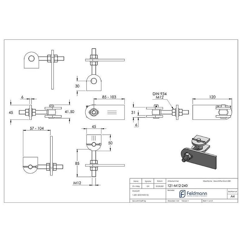 Door hinge 180° adjustable, M12 thread, AISI304