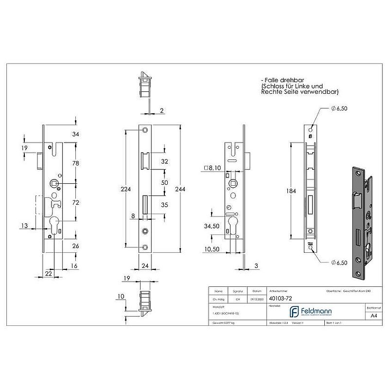 Serrure pour profils tubulaires zingué, entraxe 72 mm zingué, position du cylindre de serrure 22mm