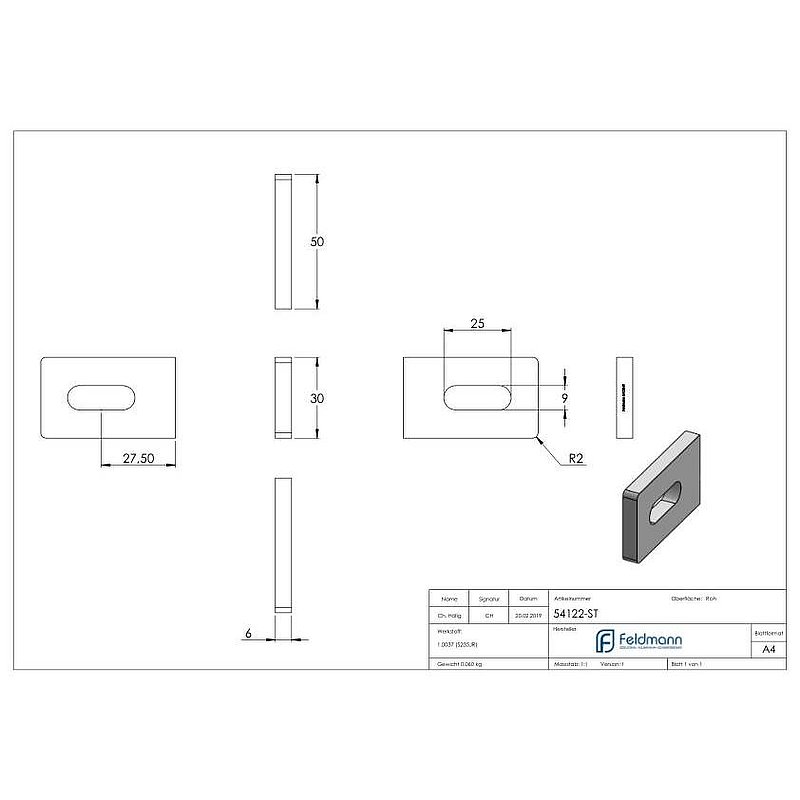 Weld-on bracket square 50x30x6mm