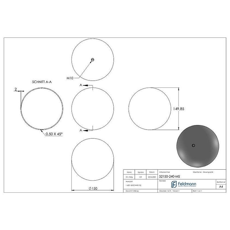 Boule laiton creuse Ø 150mm avec M10