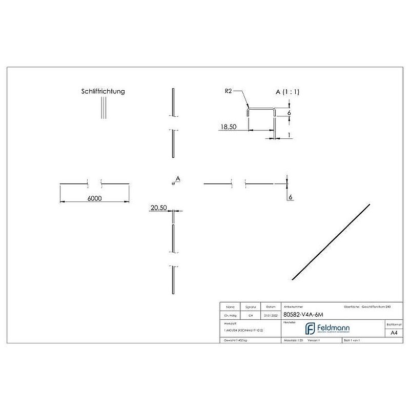 Edge protection EXTRA SLIM, for glass 16.00 - 17.52mm, L: 6000mm, stainless steel AISI316