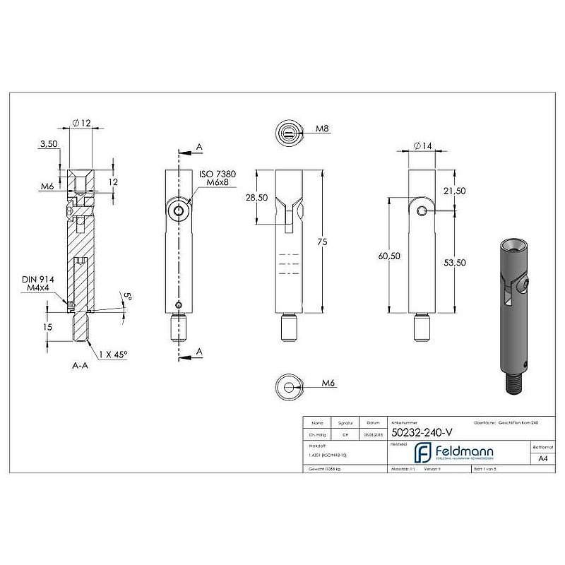 Gelenkstift Ø 14mm, L: 76mm, V2A