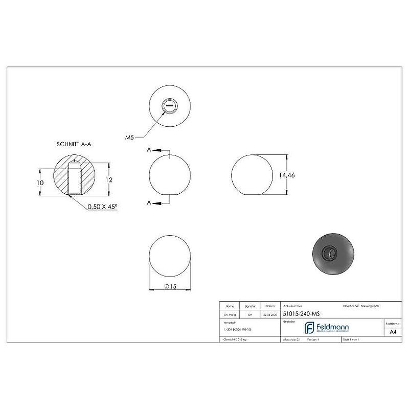 Boule laiton pleine Ø 15mm avec M5