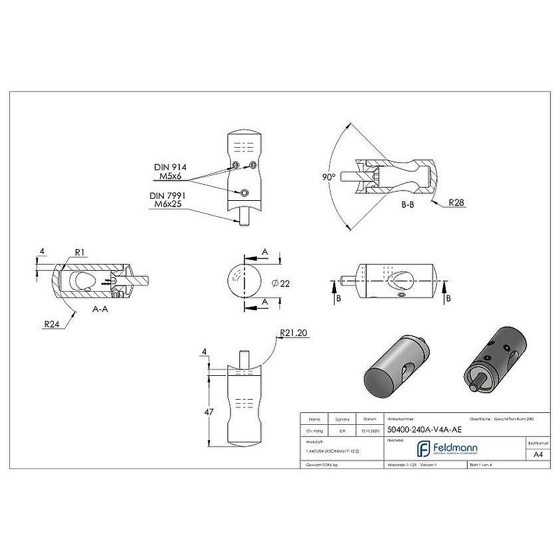 Querstabhalter für 42,4mm Rohr, 12,2mm Bohrung, Außenecke, V4A