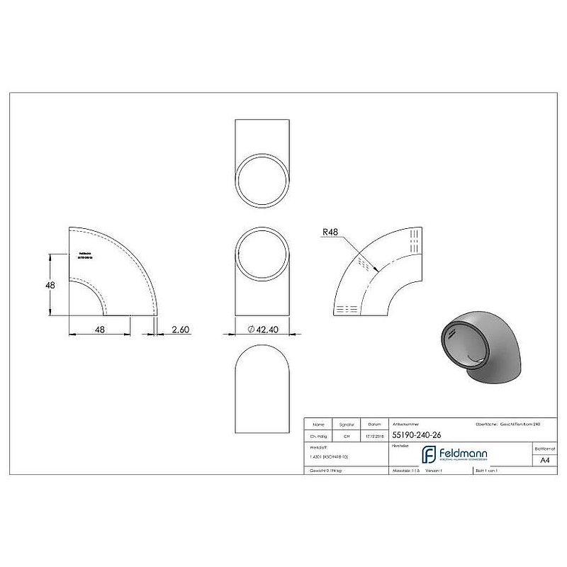 Coude à souder 90°, 42,4x2,6mm, V2A