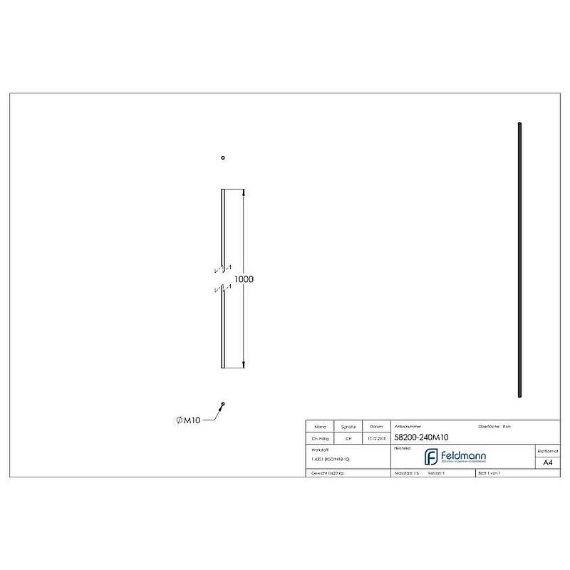 Threaded rod AISI304 L:1m, M10 right-hand thread