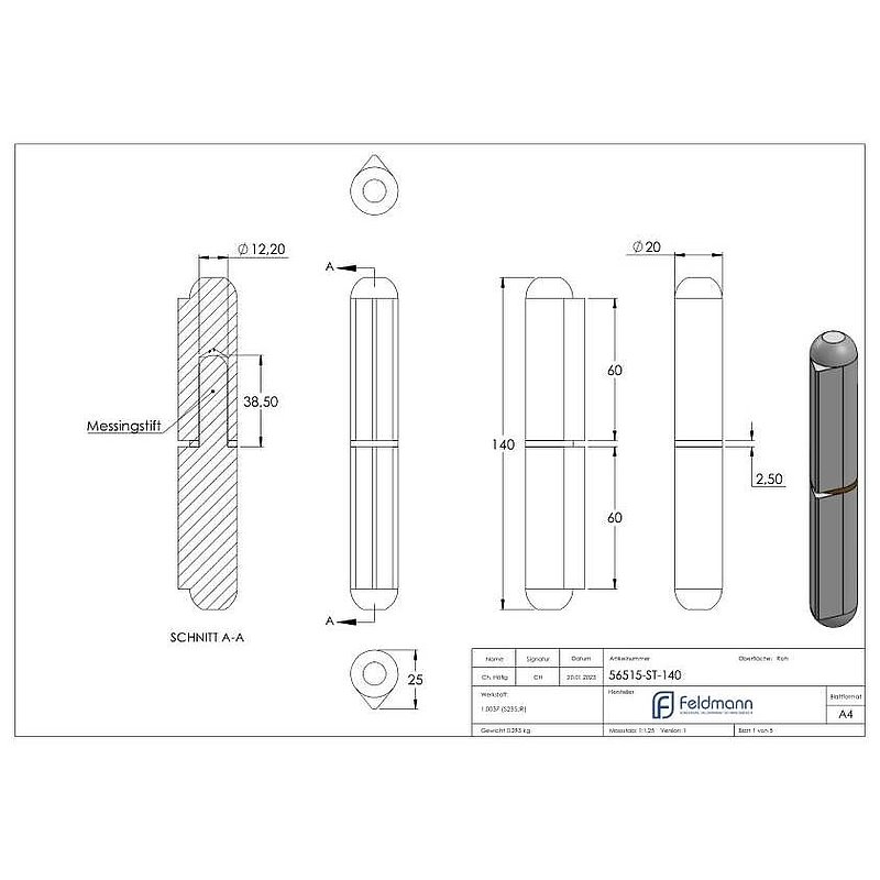 Anschweißband mit Messingring und -stift, Länge: 140mm