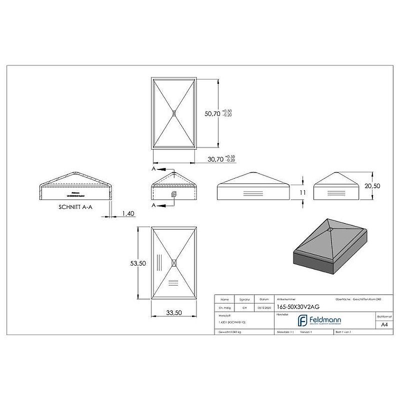 Chapeau pyramidal pour tube rectangulaire 50x30mm, poli, V2A