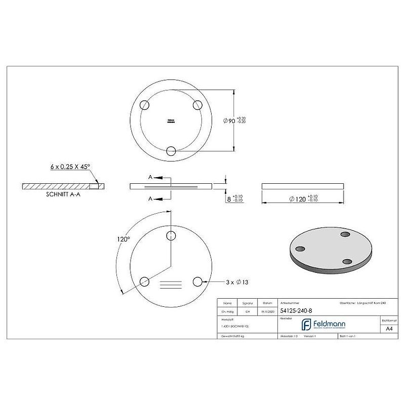 Ankerplatte Ø 120x8mm, mit Längsschliff, V2A