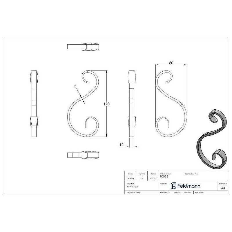 Volute en forme de S 12x5mm, 170x80mm