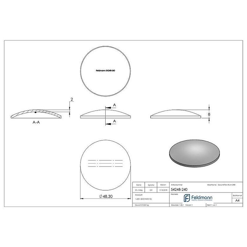 Gewölbte Schale Ø 48,3x2,0mm, H: 8mm, V2A