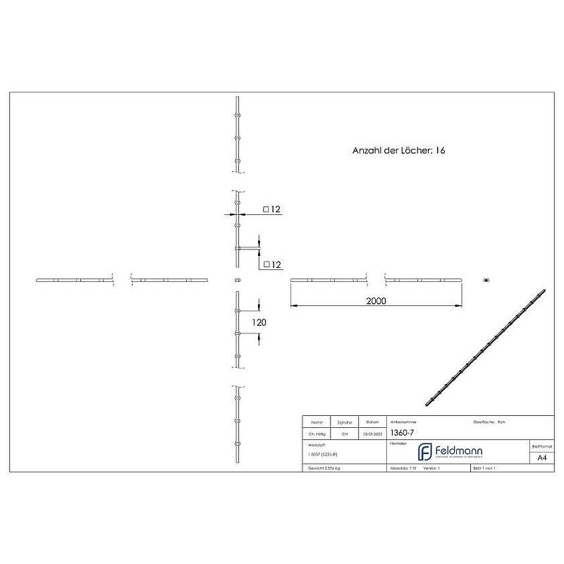 Perforated strip S235JR, 12x12mm, hole spacing 120mm, 2000mm
