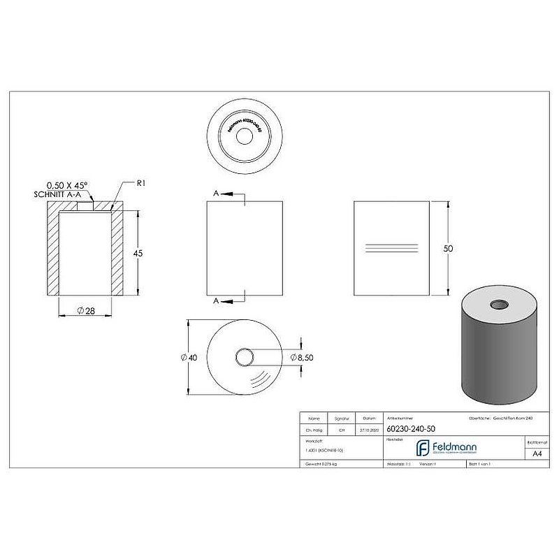 Entretoise Ø 40mm, avec trou de passage, ép.: 50mm, V2A