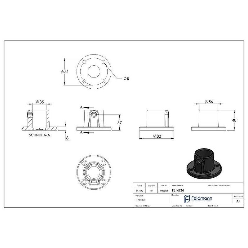 Support mural avec 4 trous de fixation, pour tube Ø 33,7mm