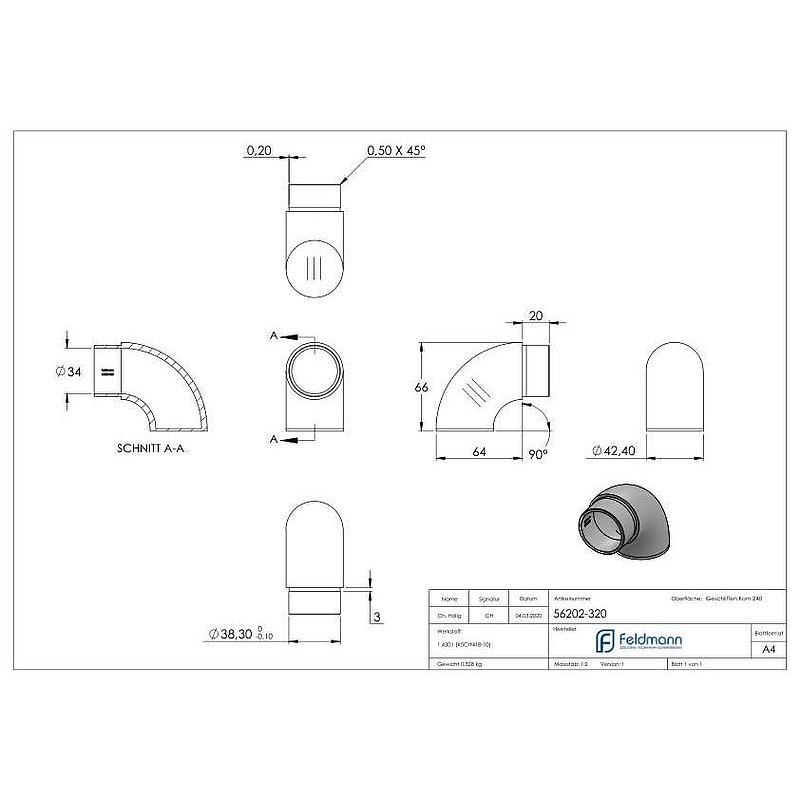 End bend 90° flat, for tube 42.4x2.0mm, AISI304