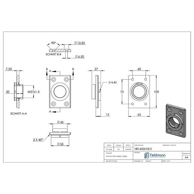 Square mounting plate 65x100mm
