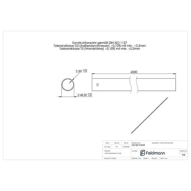 Edelstahlrohr, 48,3x2,5mm, L: 6000mm, V4A-GG