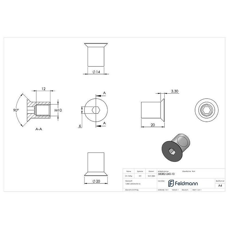 Hülsenmutter mit Senkkopf und ISK, M10x20, V2A