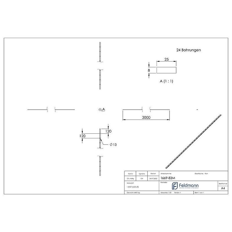 Perforated strip S235JR, 25x8mm, hole spacing 120mm, 3000mm