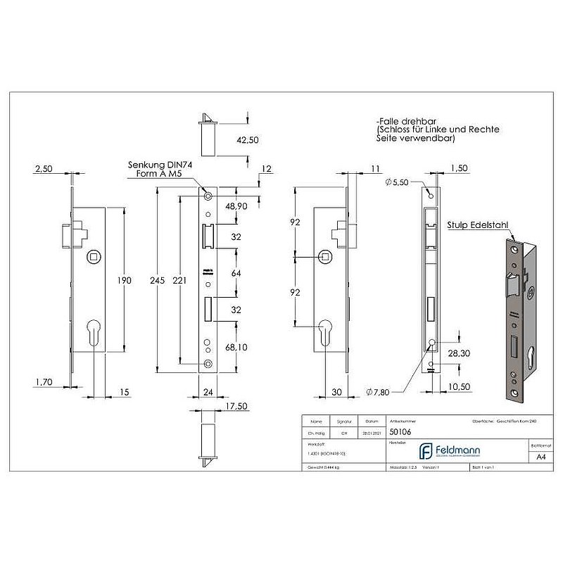 Serrure pour profils tubulaires zingué, entraxe 92 mm zingué, position du cylindre de serrure 30mm