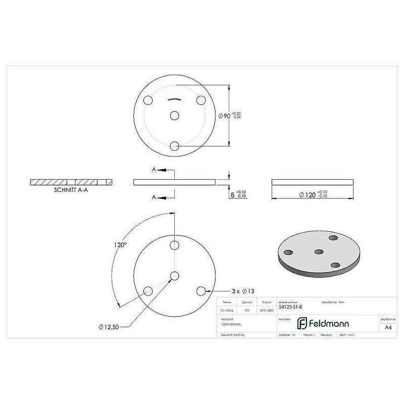 Ankerplatte Ø 120 x 8mm, mit 3 Bohrungen Ø 13mm und Mittelbohrung Ø 12,5mm, Stahl roh