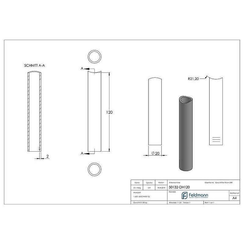 Distanzhülse, L: 120mm, für 42,4mm, V2A