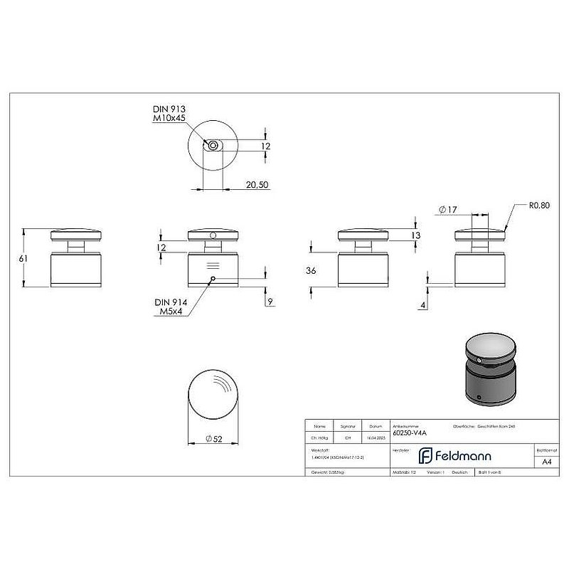 Glaspunkthalter 52mm, flach, verstellbar, V4A