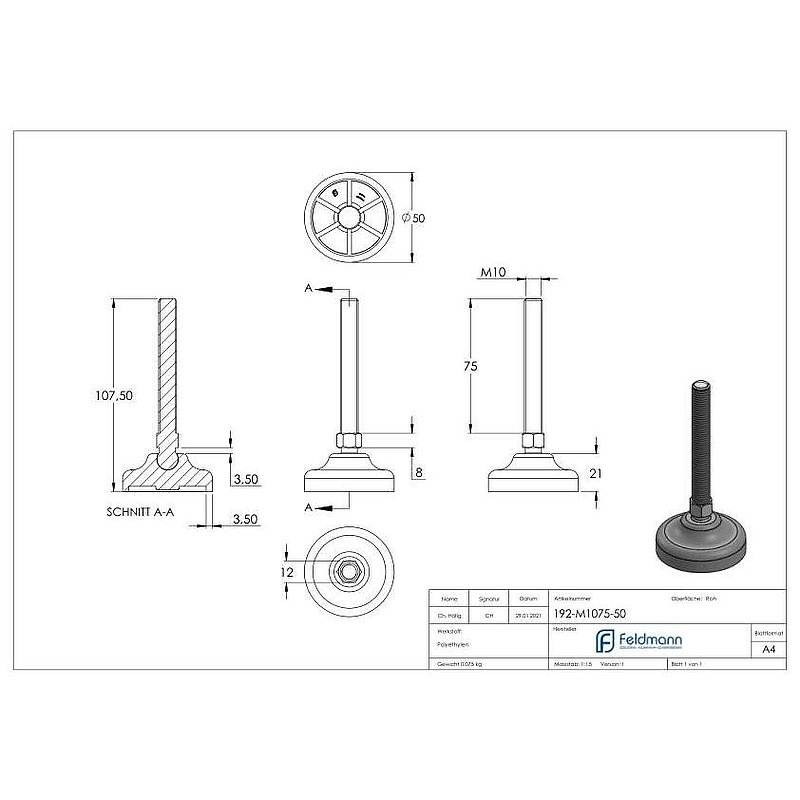 Pied de machine pour charges lourdes M10x75