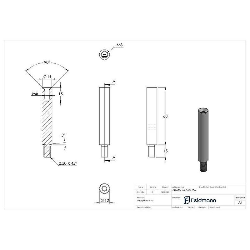 Tige Ø 12mm, L: 68mm, V2A