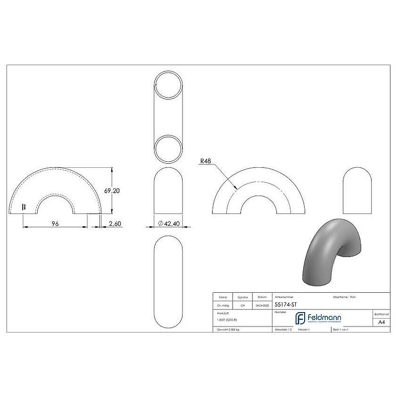 Schweißbogen 180°, 42,4x2,6mm