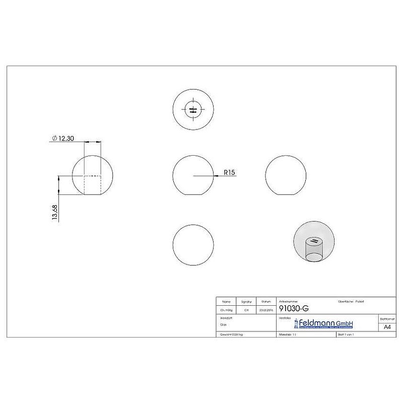 Glass ball green Ø 30mm with blind hole 12.3mm