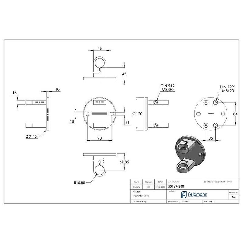 Wall mounting for railing post 33.7 mm, AISI304
