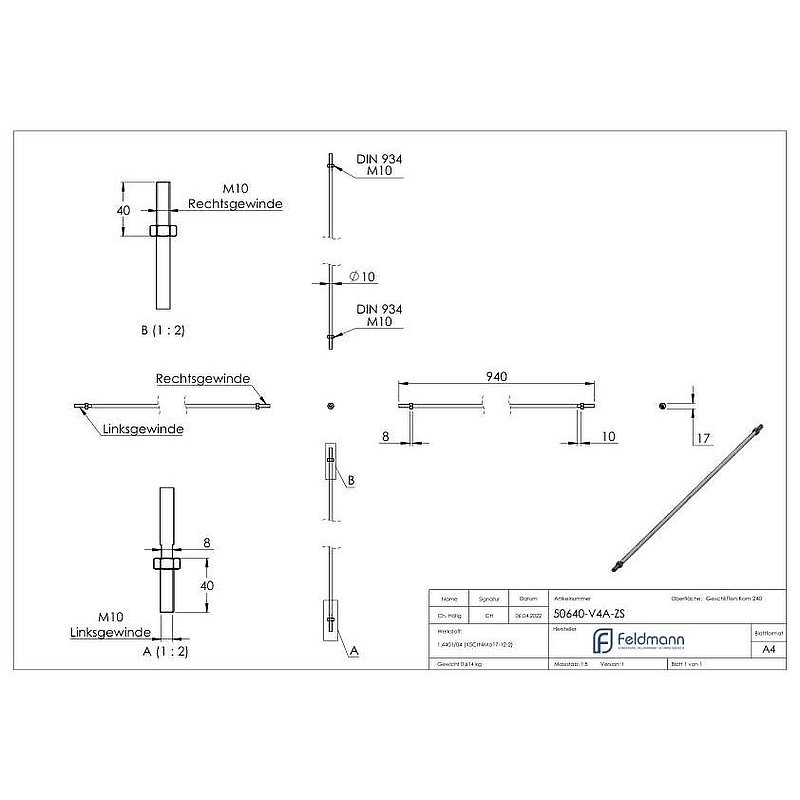 Barre de tension pour auvent en verre suspendu avec L: 940mm, V4A