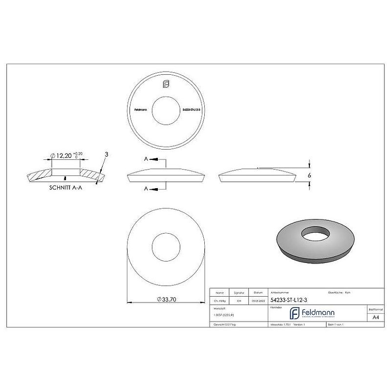 Coquille semi-sphérique Ø 33,7, trou Ø12,2mm