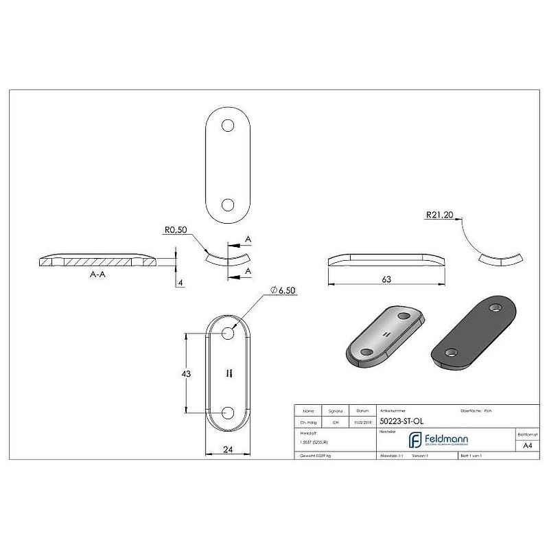 Plaque de raccordement de main-courante S235JR, pour tube Ø42,4mm