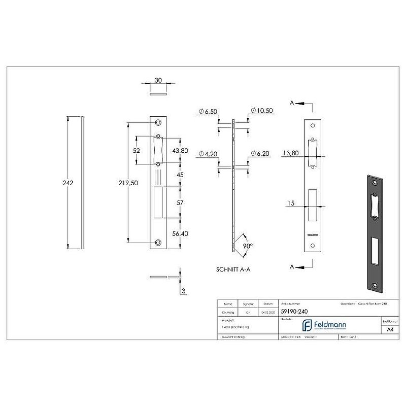 Stainless steel striking plate 242x30x3.0mm, for spacing 92mm, AISI304 (1.4301)