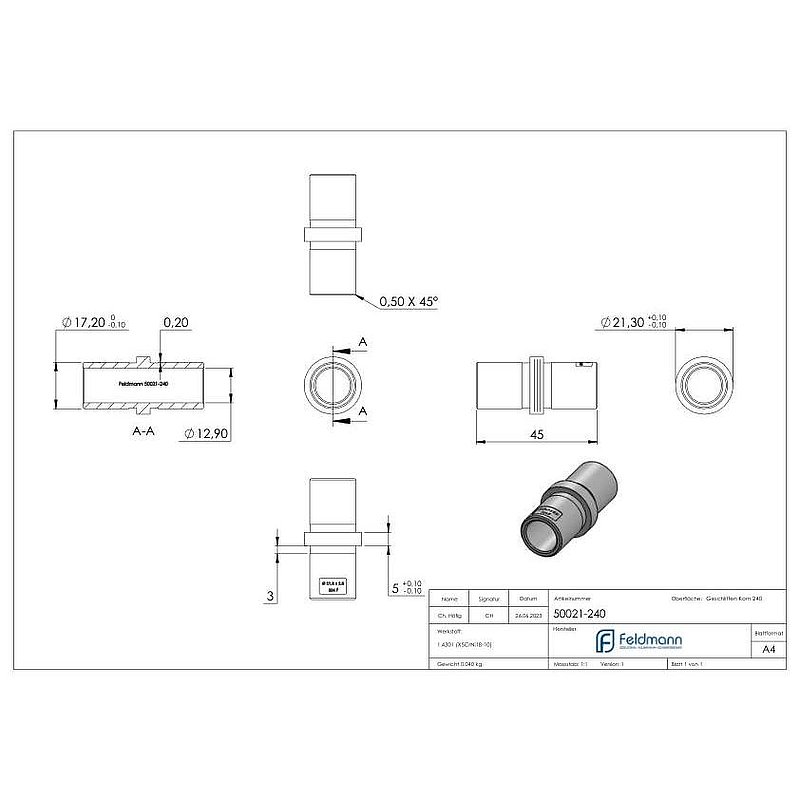 Verbindungsstück für Rohr 21,3 x 2,0mm