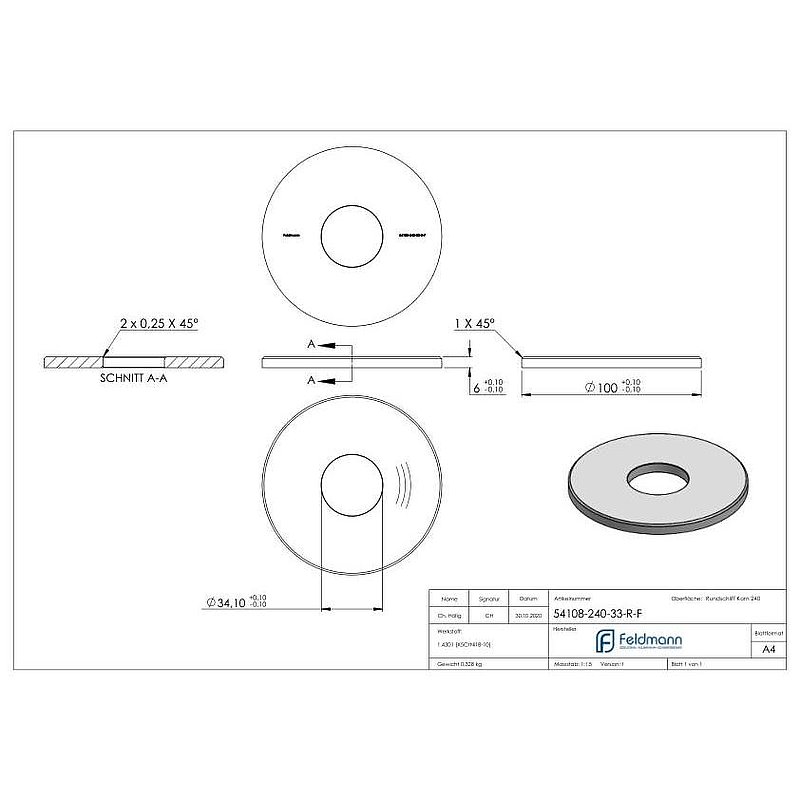 Ankerplatte Ø 100x6mm, mit Rundschliff und Fase, V2A