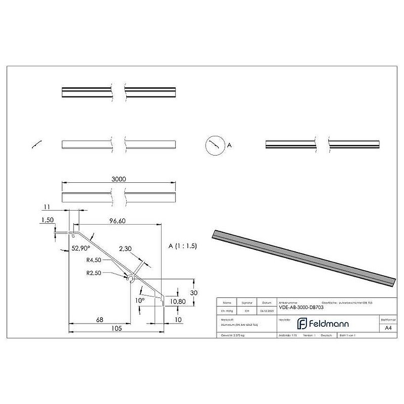 Design-cover for profile eleganza canopy, L:3m, aluminum DB703