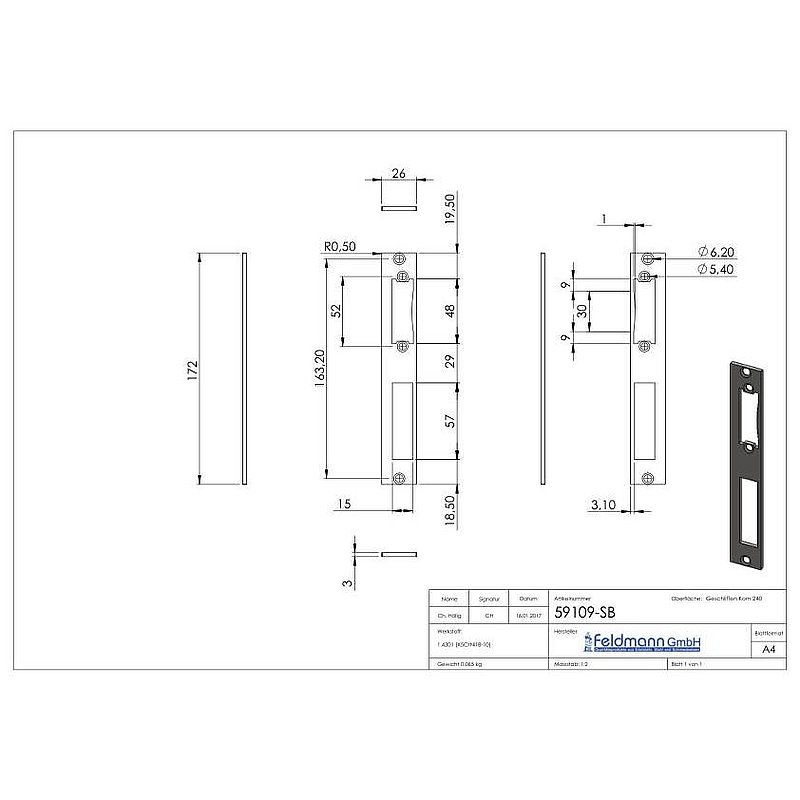 Platine de gâche acier inoxydable 172x26x3,0mm, avec entraxe 72mm, V2A