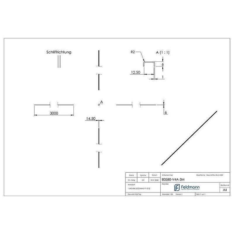 Edge protection EXTRA SLIM, for glass 10.00 - 11.52mm, L: 3000mm, stainless steel AISI316