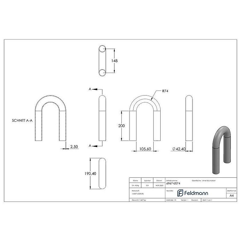 Welding arc, steel, 180°, 42,4x2,5mm