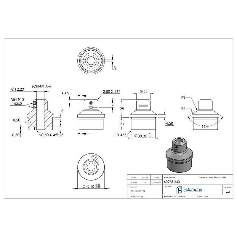 Tube end plug for 42.4x2.0mm, AISI304