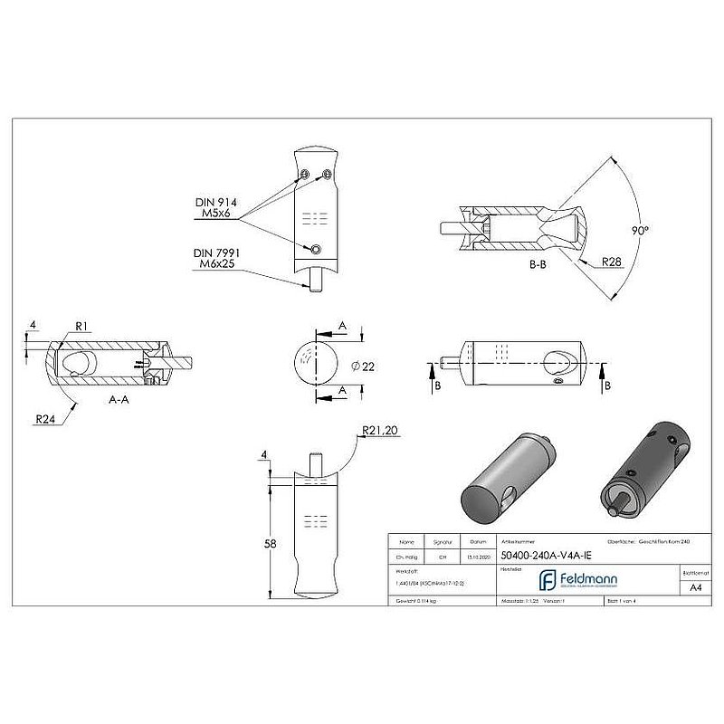 Cross bar holder for 42.4 mm tube, 12.2 mm hole, inside corner, AISI316