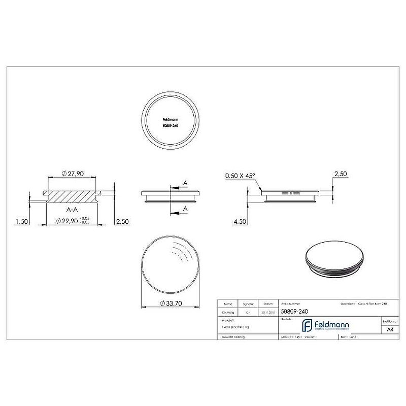 Rohrabschlussstopfen, für Rohr 33,7x2,0mm, V2A