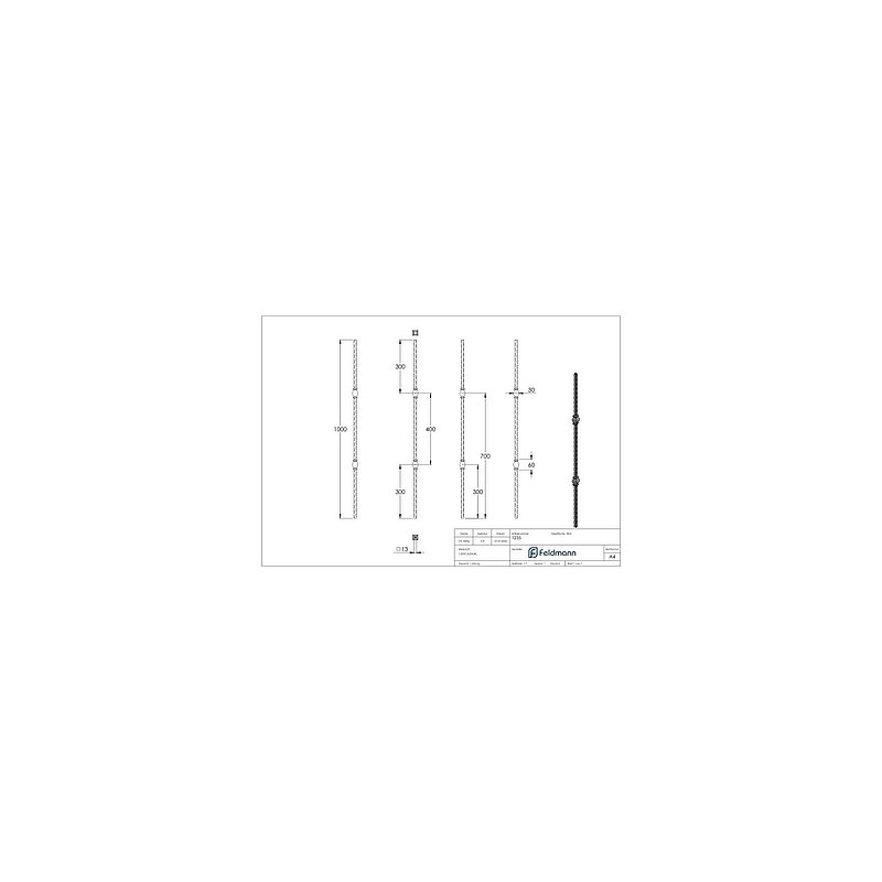 Knubbelstab 13x13mm, gehämmert, H: 1000mm