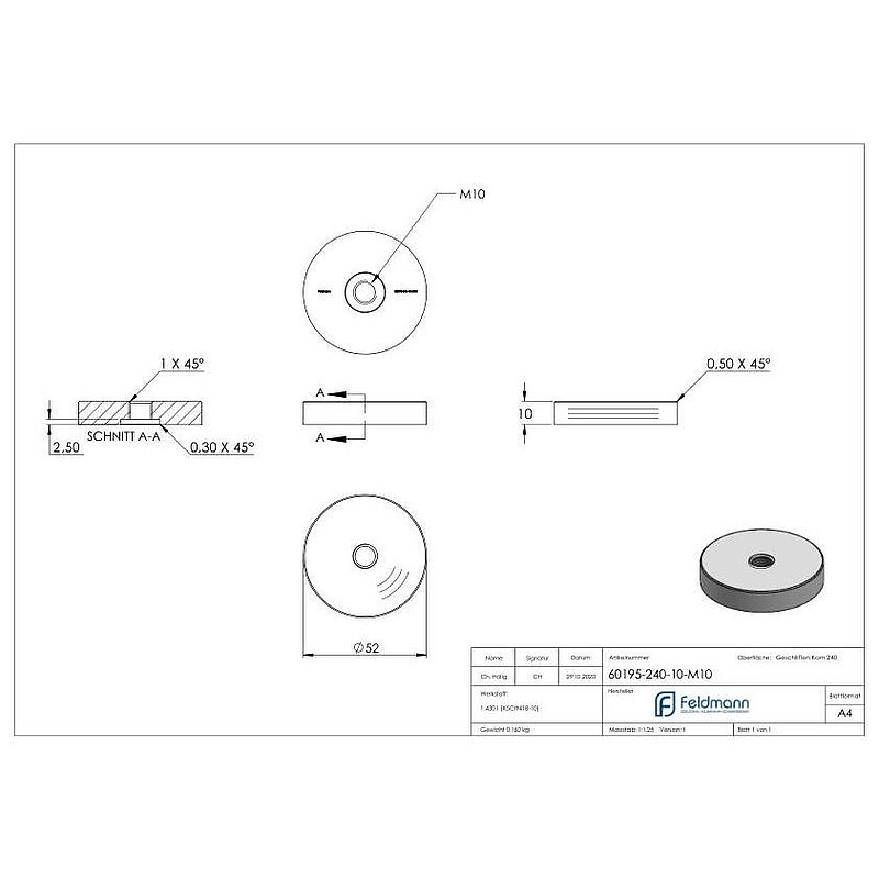 Partie inférieure pour point de fixation 52mm, ép.: 10mm, avec M10, V2A