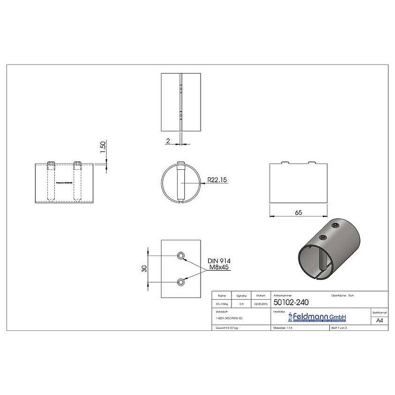 Verbindungshülse für Rohr 48,3x2,0mm, V2A