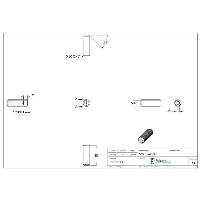 Gewindestift M10x30, V2A, DIN 913 / ISO 4026